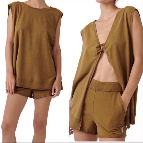 NEW! FREE PEOPLE Hot Shot Open Back Tank Shorts Set Washed Tobacco Size XS S M - Picture 3 of 16
